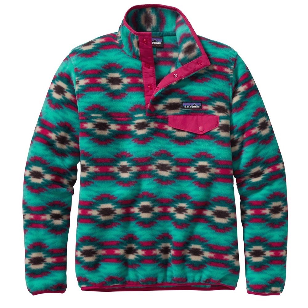 Patagonia Women’s Wild Desert Berry Synchilla Teal Aztec Size L T Snap Pullover
